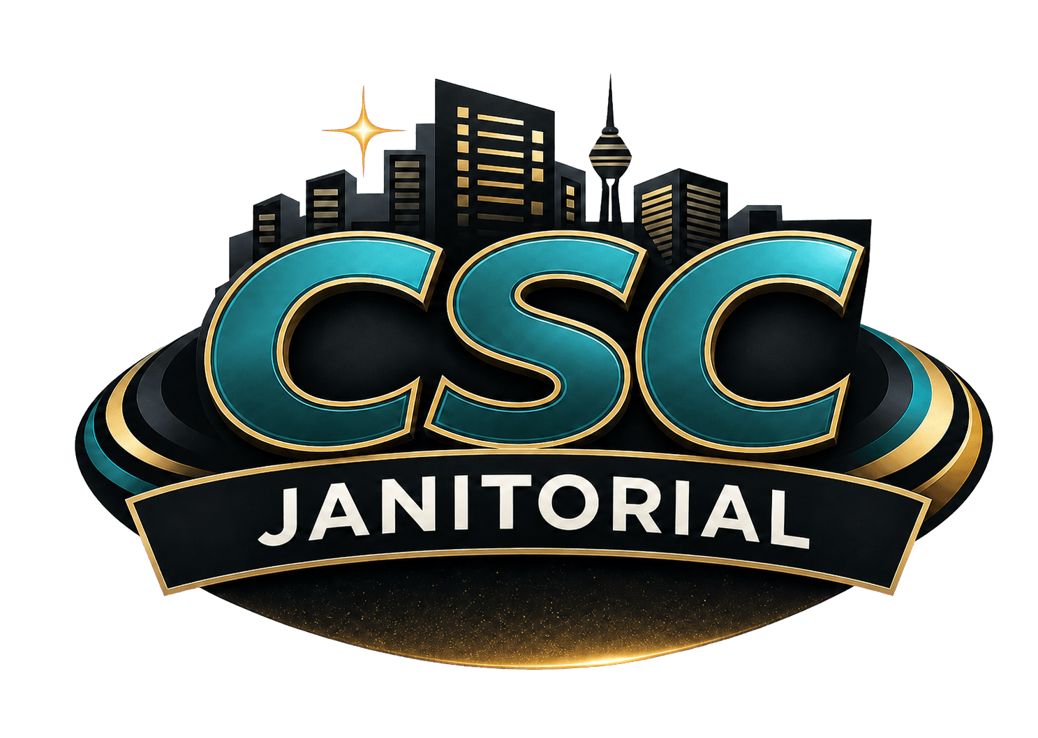 CSC JANITORIAL logo with Las Vegas skyline artwork.